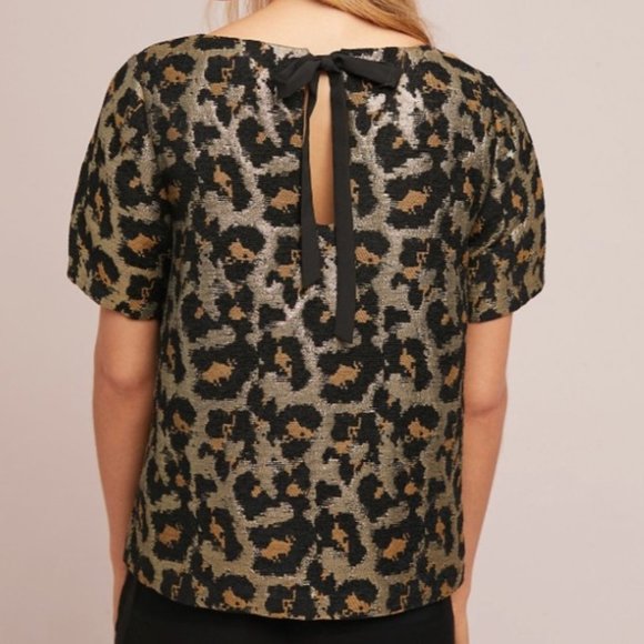 Anthropologie Hutch Leopard Print Metallic SS Sweater Top 66170 - Picture 2 of 10